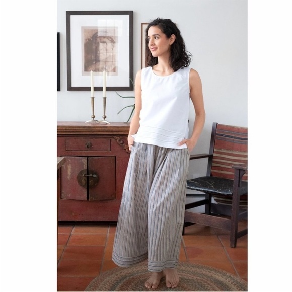 Anokhi Pink and Gray Striped Indian Cotton Wide Leg Crop Pants Culottes Size M - Picture 5 of 14